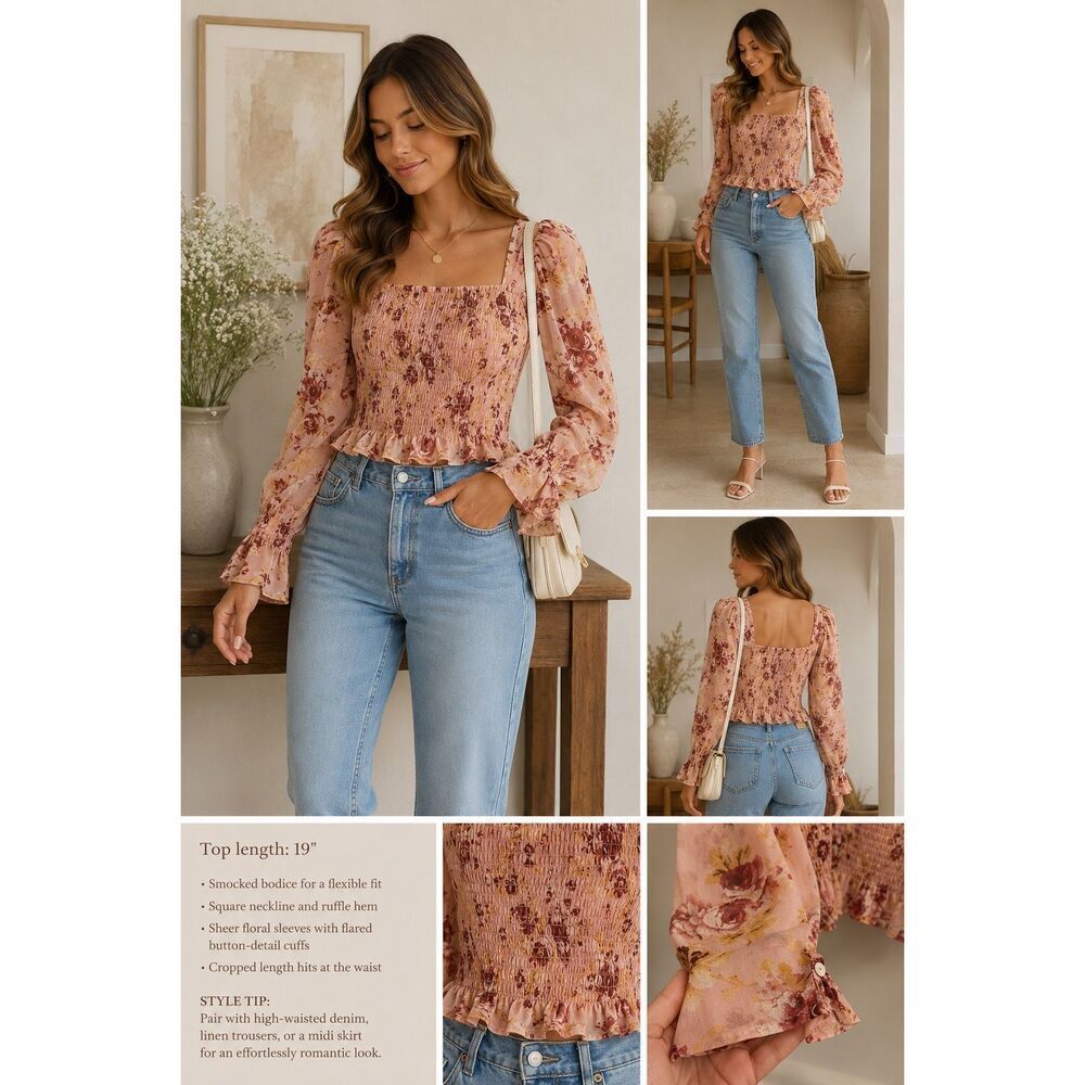 Express smocked floral blouse boho sheer sleeves M cottagecore romantic